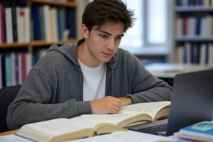 Estudiante universitario analizando variables cuantitativas para su tesis frente a un ordenador portátil y libros abiertos.