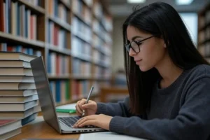 Una estudiante universitaria española redactando un ensayo literario en una laptop en una biblioteca, con sus manos cubiertas por una pila de libros, rodeada de estanterías llenas de libros.