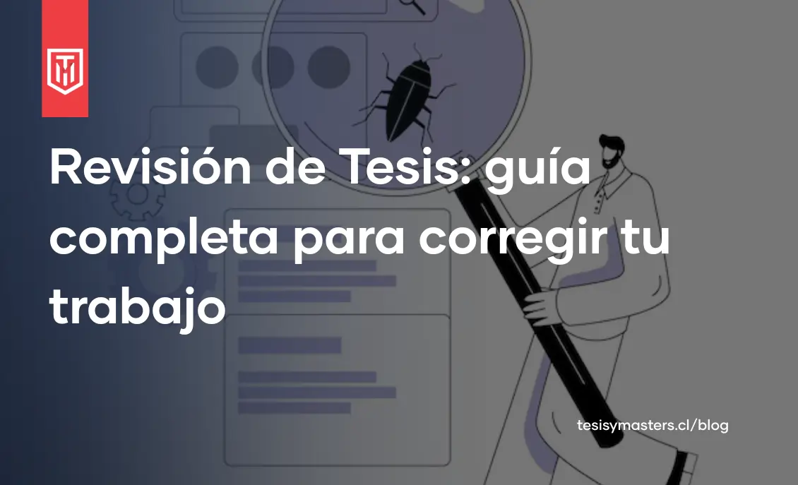 Ilustración de una persona con microscopio revisando documentos académicos con el logo de TesisMasters, representando el proceso de revisión y corrección de tesis universitarias
